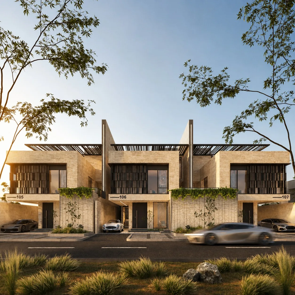 Al Wasl Villas, contemporary stone townhouse facades, Dubai