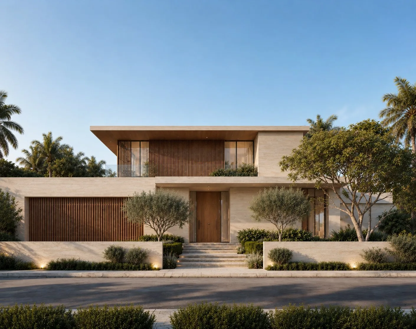 Meydan Villa, modern villa with timber-slatted upper level, Dubai