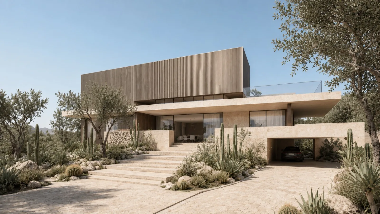 Nad Al Sheba Villa, contemporary stone and timber facade at dusk, Dubai